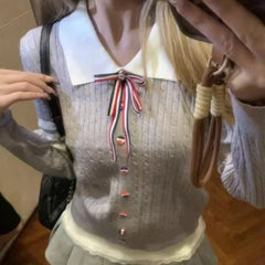 Lunivop Preppy Style Grey Sweaters Women Sweet Kawaii Bow Knitted Pullover Elegant Cutecore Autumn Winter Long Sleeve Sweaters