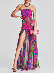 Lunivop Women Tube Top Dress Slim Strapless Backless Mesh Patchwork Tropical Print High Slit Long Dress for Party Club Night