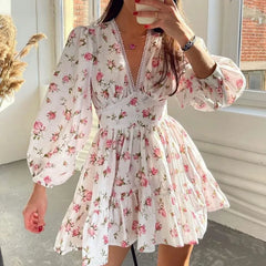 Lunivop Women Floral Print Mini Dress High Waist A-Line Summer Autumn Long Sleeve V Neck Dresses Vintage Beach Vacation Casual Vestidos