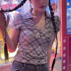 Lunivop Streetwear Contrast Color Striped Casual Short Sleeve T-Shirt Women Summer New V-Neck Button Sexy Slim All Match Crop Tops