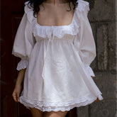 Lunivop Sweet Women Hollow Out Embroidery Ruffles Square Collar Mini Dress White Puff Sleeve Elastic Ruched Waist Holiday Robe
