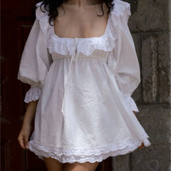 Lunivop Sweet Women Hollow Out Embroidery Ruffles Square Collar Mini Dress White Puff Sleeve Elastic Ruched Waist Holiday Robe