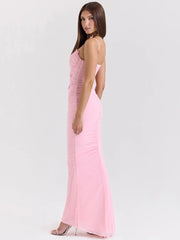 Lunivop Sexy Backless Butterfly Ruched Women Maxi Dress Pink Spaghetti Strap Evening Dress Summer Skinny Vacation Party Clubwear