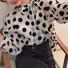 Lunivop Women Sexy Tie bow Collar Polka Dot Semi Sheer Shirt Long Sleeve See Through Organza Blouse Transparent Loose Tops