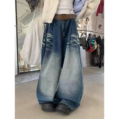 Lunivop Women's Retro Wide Leg Baggy Casual Denim Trouser Harajuku Washed High Waist Loose Jeans 2024 Autumn Blue 2000s Pants
