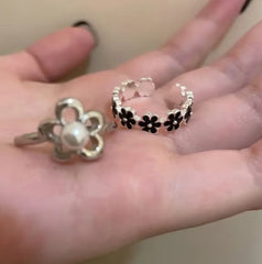 Lunivop New Fashion Korean Pearl Flower Cute Sweet Flower Rings for Women Girls Open Adjustable Vintage Trendy Silver Rings Jewelry