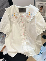 Lunivop Lolita Cute White Shirt Women Vintage Short Sleeve Kawaii Blouse Japan Preppy Style Embroidery Peter Pan Collar Retro Tops