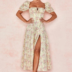 Lunivop Skinny floral prints Dresses for Summer Women's Dress Square Neck Short Bubble Sleeves High Waist Lace-up Maxi Split Dress