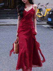 Lunivop Red Vintage Elegant Midi Strap Dress Women Ruffles Design Causal Korean Fairy Dress Female Autumn Strapless Party Dress Y2k