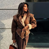 Lunivop Women Elegant Irregular Hem Plush Lapel Coats Fashion Lace Up Pocket Long Sleeved Jacket 2024 Autumn Winter New Warm Outwear