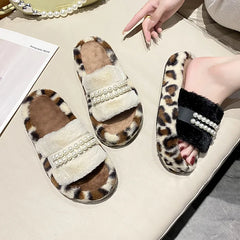 Lunivop Leopard Casual Fluffy Slippers Women Home Flat Fashion Pearl Designer Shoe Ladies Winter Elegant Footwear Open Toe Slippers