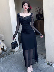 Lunivop Women Blue Mesh Patchwork Lace Square Collar Long Dress Summer Elegant Casual Dress with Long Sleeve Korean Bodycon Dresses