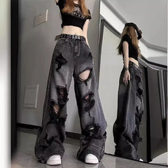 Lunivop Unique Cool Ripped Jeans Women's Summer Distressed American Style Bell Bottoms Loose Fit Versatile Straight Leg Long Pants