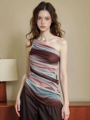 Lunivop Tie Dye Y2K Mesh Tanks Women Streetwear Retro Slim Sexy Off Shoulder Tanks Harajuku American Vintage Casual Irregular Tanks