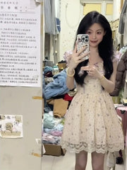 Lunivop Elegant Sweet Purple Floral Dress for Women Y2k Summer Lace Flying Sleeve Dresses New Slim Waist Vestidos De Mujer