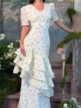 Lunivop Women Chic V-neck Ruffle Puff Sleeves Flowy Dress Cream Floral Ruched Waist-cinching Dresses Ladies New Daily Party Gowns