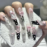 Lunivop 10PCS Y2K Black Pink French Handmade Press On Nails Cute Lace Ribbon Polka Dot Bow Long Nail Art Sweet Edgy Glitter Fake Nails