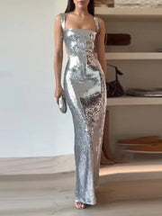 Lunivop Sexy Sling Backless Silvery Maxi Dress For Women Fashion High Waist Bodycon Sleeveless Robes Female Evening Party Vestidos