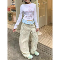 Lunivop Women's Retro Wide Leg Baggy Casual Denim Trouser Harajuku Aesthetic High Waist Loose Jeans Autumn Spliced Leopard Print Pants