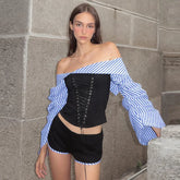 Lunivop Off The Shoudler Striped Print Lantern Sleeve Crop Top Pants Womens Sets Casual Clothing Y2K Streetwear Fashion Korean
