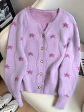 Lunivop Stars Print Vintage Cardigan Women Casual Cute Long Sleeve Loose Knitted Sweater Korean Retro O Neck Female Purple Tops New
