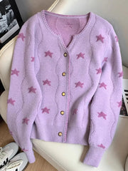Lunivop Stars Print Vintage Cardigan Women Casual Cute Long Sleeve Loose Knitted Sweater Korean Retro O Neck Female Purple Tops New