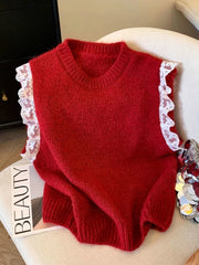 Lunivop Lace Patchwork Sweet Sweater Vest Women Vintage O Neck Casual Knitted Tops Korean Preppy Style Lady Lazy Wing Cute Vest New