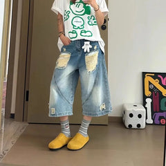 Lunivop Europe America Low-Waisted Y2K Jeans Female Vintage Ripped Loose Denim Mid-Length Pants High Street Trend Wide-Leg Jean Pants