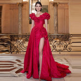 Lunivop Unique 3D Flowers Satin Wedding Dress Pretty Floral Edge V Neck Long Bridal Gowns Side Slit Taffeta Prom Party Dresses Customize