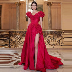 Lunivop Unique 3D Flowers Satin Wedding Dress Pretty Floral Edge V Neck Long Bridal Gowns Side Slit Taffeta Prom Party Dresses Customize