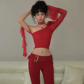 Lunivop Flare Sleeve Chic Elegant 3D Floral One Shoulder Lace-up Crop Top Y2K Solid Casual Slim Fit Party Streetwear Tank Top