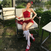 Lunivop Red Sexy Lace 2 Piece Set Women Lace-up Halter Backless Tank Crop Tops + Cascading Ruffles Mini Cake Skirts Party Clubwear Suits