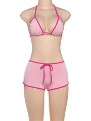 Lunivop Summer Sexy 2 Piece-Set Female Bikini Beach Lace-Up V-Neck Contrast Backless Cropped Top And Women's Shorts Sets Bikini