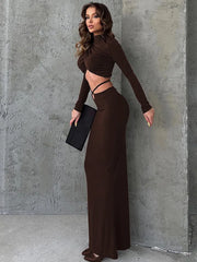Lunivop Sexy Skirt Two Pieces Sets For Women Long Sleeve Lace-up Crop Top And Long Skirt Elegant Bodycon Sexy Two Pieces Sets