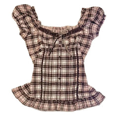 Lunivop Harajuku Literary O Neck Short Sleeve T Shirt Y2k Fashion Constrast Color Plaid Slim Thin Women Tops Single Breasted Punk Blouse