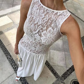 Lunivop White Lace Printed Long Dress Female See-Through Sleeveless Patchwork Elegant Party Dress Gown Women Maxi Dresses