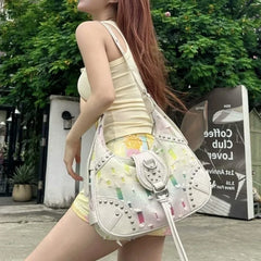 Lunivop Hot Girl Rivet Y2k Underarm Bag Purse Women Sweet Gradient Rainbow Shoulder Bags Ladies Retro Messenger Bag Aesthetic