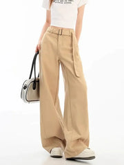 Lunivop Belt Retro Khaki Jeans Women Y2K High Waist Loose Streetwear Denim Pants Casual American Vintage Autumn Wide Leg Trousers
