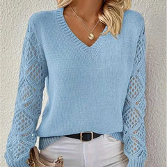Lunivop Long Sleeve Pointelle Knit Top Pullovers Women Sweater Openwork Long Sleeve V-neck Jumper Fall Winter Blusas Para Mujer Outfit