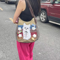 Lunivop Harajuku Cat Shoulder Bags Women Vintage Embroidery Patchwork Casual Tote Bag Handbag Female Sweet Y2k Bags Aesthetic