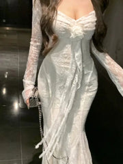 Lunivop Women's Floral Ruffles Sexy Slim Dresses French Vintage Women White Lace Long Sleeved Dress Summer Holiday A-line Vestidos New