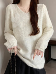 Lunivop 3D Floral Sweet Sweaters Women Loose Fashion V Neck Elegant Knitted Jumper Casual Chic Korean Female Fall Winter Long Sleeve Top