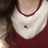 Lunivop Kpop Double Layered Red Beads Necklaces for Women Sweet Lucky Pearl Chain Necklace Aesthetic Y2K Jewelry Accessories
