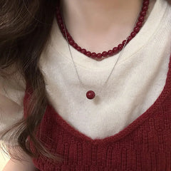 Lunivop Kpop Double Layered Red Beads Necklaces for Women Sweet Lucky Pearl Chain Necklace Aesthetic Y2K Jewelry Accessories