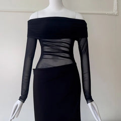 Lunivop Fashion Mesh Hollow Out Dress Women's Slash Neck Long Sleeve Waist Retraction Dresses 2025 Summer New Tide