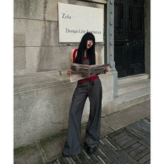 Lunivop Autumn New Fashion Spicy Girl Casual Stripe Waist Loose Wide Leg Pant Fake two pieces Women Trend Y2K Leisure Outfits Pants