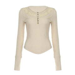 Lunivop Elegant Vintage Lace Patchwork O-neck T-shirts Y2k Slim Fit All-match Top for Women 2025 Spring New Long Sleeve Tee Shirt