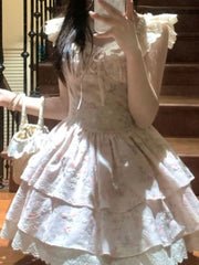 Lunivop Sweet Floral Printed Waist Slimming Square Neck Short Dresses for Women Summer New Spicy Girl Sleeveless A-line Bodycon Dress