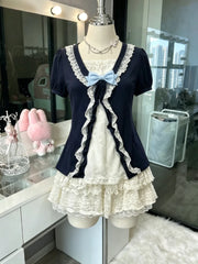 Sweet Japanese Lolita Skirt Sets Women Cute Slim Tops High Waist Skirt Y2K Kawaii Vintage Party Fashion Outfits