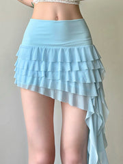 Lunivop Ruffles Sexy Mesh Y2K Skirts Women Slim Streetwear Vintage High Waist Mini Skirt Harajuku Retro Irregular Design Skirt New